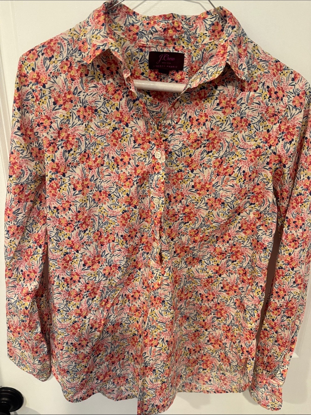 J. Crew Liberty Fabric Pink Coral Floral Button-Down popover shirt